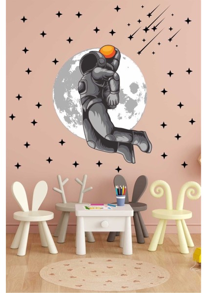 Uzayda Basketbol Oynayan Astronot ve Yıldızlar Çocuk Bebek Odası Duvar Kağıdı Aksesuarları Stickerı