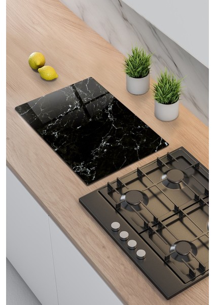 Siyah Mermer Desenli Ocak Yanı Hazırlık Camı 40x60cm, Mutfak İçin Şık ve Dayanıklı