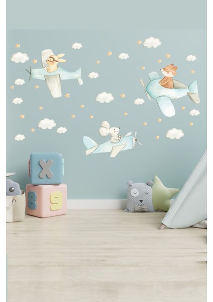 Pastel Renkli Üçlü Pilotlar Duvar Sticker Seti, Neşeli ve Canlı Dekorasyon için Mükemmel Seçim