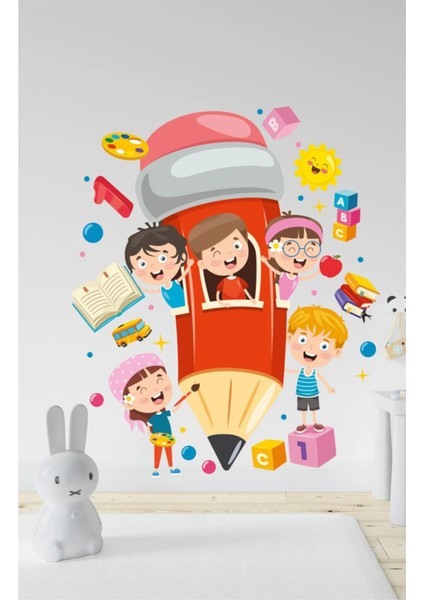 Renkli çocuk odası duvar sticker seti, eğlenceli ve canlı dekorasyon, 5+ parça