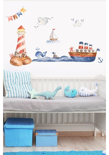 Renkli Deniz Feneri ve Gemici Temalı Duvar Sticker Seti, Şık ve Dekoratif Tasarım
