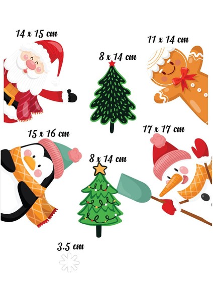 Çocuk odası renkli yılbaşı temalı cam sticker seti, Noel Baba, penguen, kardan adam modelleri