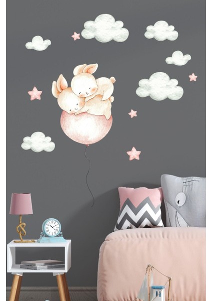 Sevimli Tavşan ve Yıldızlar Duvar Stickerleri, Pembe, Çocuk Odası Dekoru