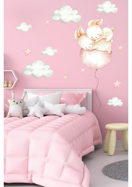 Sevimli Tavşan ve Yıldızlar Duvar Stickerleri, Pembe, Çocuk Odası Dekoru fiyatları