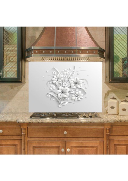 Mutfak Tezgah Arası Renkli Çiçek Desenli Sticker Kaplama, Beyaz Renkli, Çok Renkli, Şık Tasarım