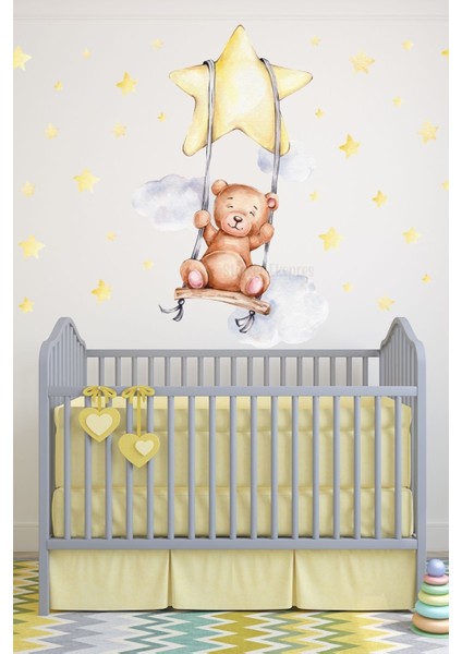 Sevimli Ayıcık ve Yıldızlar Duvar Sticker Seti, Çocuk Odası Dekoru, 5+ Parça, Kahverengi