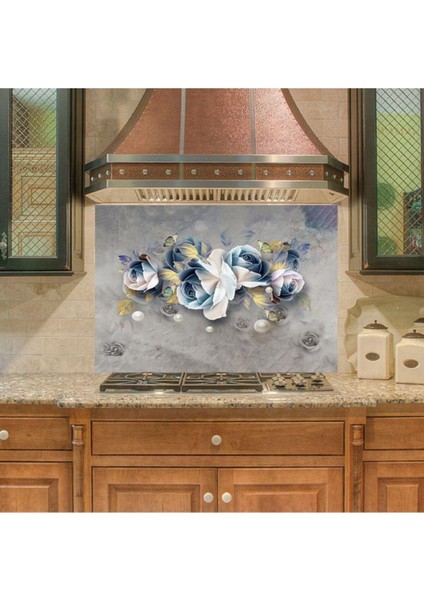 Renkli güller desenli mutfak tezgah arkası sticker, şık ve dayanıklı dekorasyon.