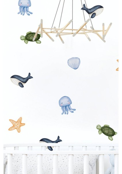Çocuk odası renkli deniz canlıları temalı duvar sticker seti, hayvan desenli, 5+ parça
