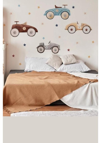 Renkli Çocuk Odası Duvar Sticker Seti, 5+ Parça, Yıldızlar ve Arabalar Temalı