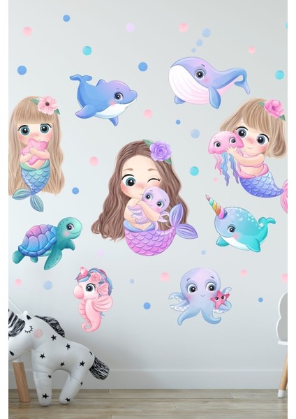 Renkli Deniz Canlıları Çocuk Odası Duvar Sticker Seti, Eğlenceli Dekorasyon Parça Sayısı: 5+