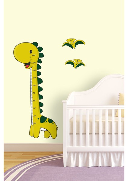 Eğlenceli çocuk odası dekoru, sarı dinozor boy ölçer sticker seti