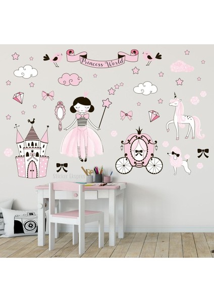 Renkli prenses temalı çocuk odası duvar sticker seti, eğlenceli dekorasyon için ideal