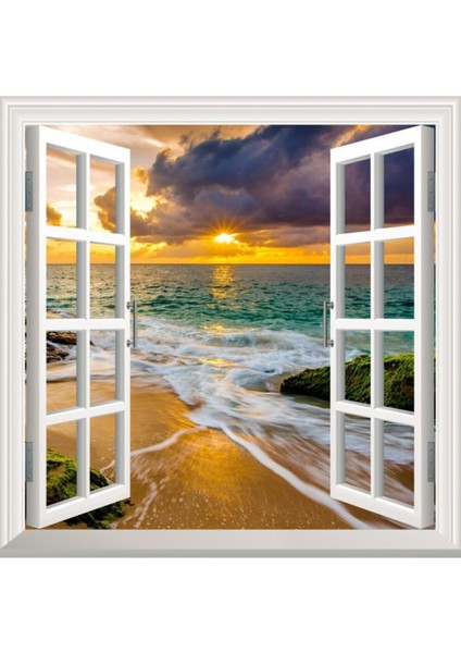 Renkli Deniz Gün Batımı Duvar Sticker, Beyaz, Düz Desen