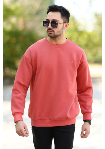 John Borners Erkek Oversize Sweatshirt Kiremit Bisiklet Yaka JB Nakışlı 3İp Şardonlu Pamuk Karışımlı - 5405