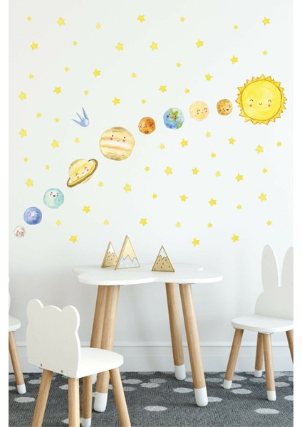 Sevimli Güneş Sistemi Çocuk Odası Duvar Stickerleri, Renkli ve Eğlenceli Dekor