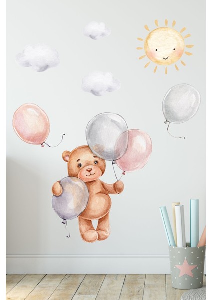 Sevimli ayıcık ve balonlar duvar sticker seti, çocuk odası dekoru, 5+ parça, turuncu