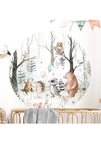 Neşeli Orman Canlıları Yuvarlak Duvar Sticker, Renkli ve Eğlenceli Tasarım