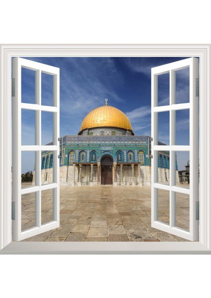 Çok Renkli Mescid-i Aksa Pencere ve Duvar Stickerı Mavi Düz Tasarım