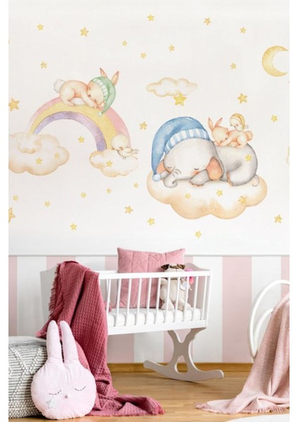 Sevimli hayvanlar çocuk odası duvar çıkartması, turuncu, eğlenceli ve renkli dekorasyonu