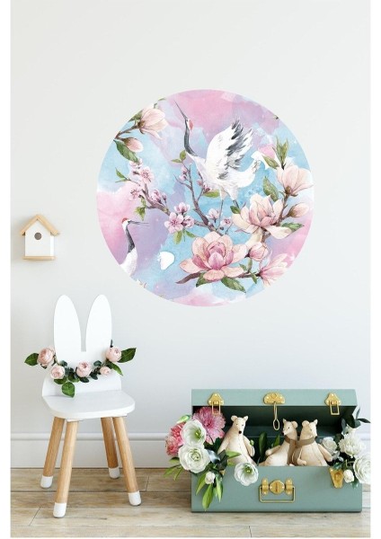 Renkli kuşlar ve çiçeklerle dolu yuvarlak duvar sticker seti, çocuk odası dekoru