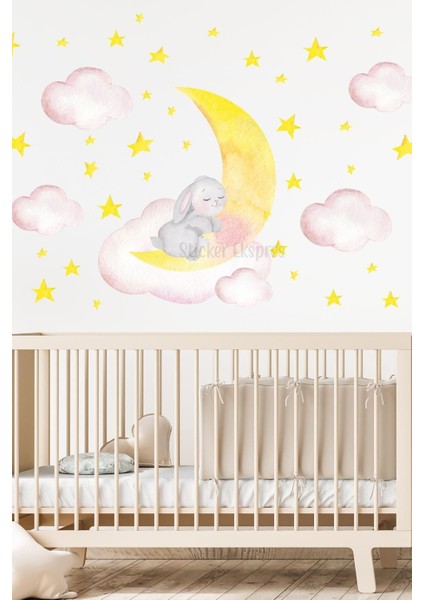 Sevimli tavşan bulut temalı çocuk odası çıkartması, 5+ parça, pembe renk