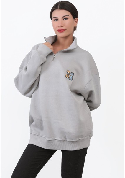 Kadın Oversize Gri Sweatshirt Çift Kedi Nakışlı Dik Yaka Yarım Fermuar Ribanalı Pamuk Karışımlı - 10003