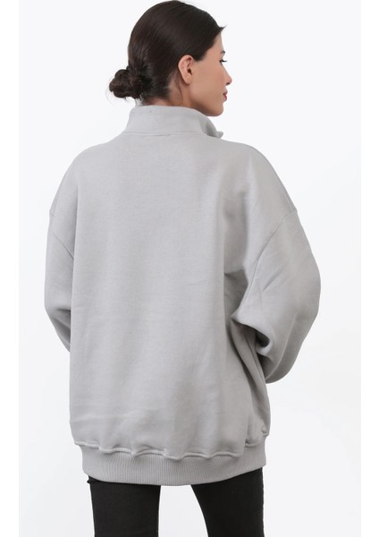 Kadın Oversize Gri Sweatshirt Çift Kedi Nakışlı Dik Yaka Yarım Fermuar Ribanalı Pamuk Karışımlı - 10003 modelleri
