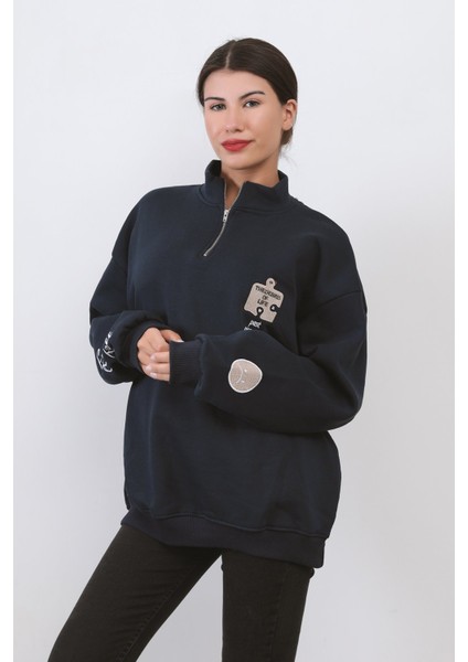 Kadın Oversize Sweatshirt Lacivert Yarım Fermuar Dik Yaka Nakışlı Tasarım Pamuk Karışımlı - 9009