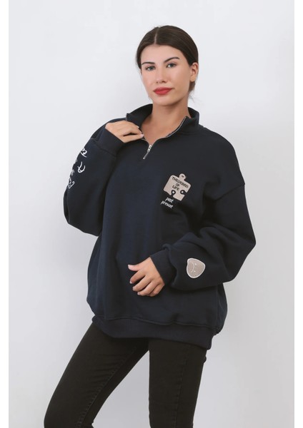 Kadın Oversize Sweatshirt Lacivert Yarım Fermuar Dik Yaka Nakışlı Tasarım Pamuk Karışımlı - 9009 fiyatları