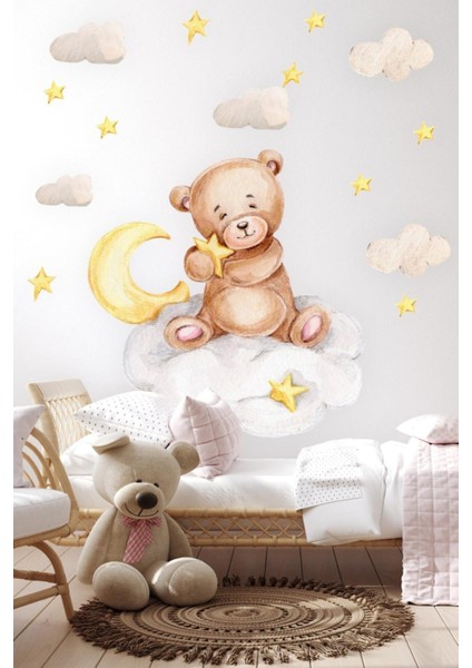 Ayda Oturan Ayıcık ve Yıldızlar Duvar Sticker Seti, Bebek ve Çocuk Odası Dekoru