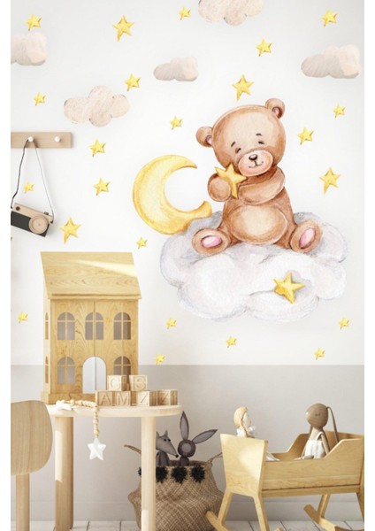 Ayda Oturan Ayıcık ve Yıldızlar Duvar Sticker Seti, Bebek ve Çocuk Odası Dekoru fiyatları