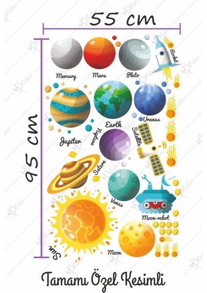 Renkli Çocuk Odası Gezegenler ve Güneş Sistemi Sticker Seti, Eğitici Dekorasyon modelleri