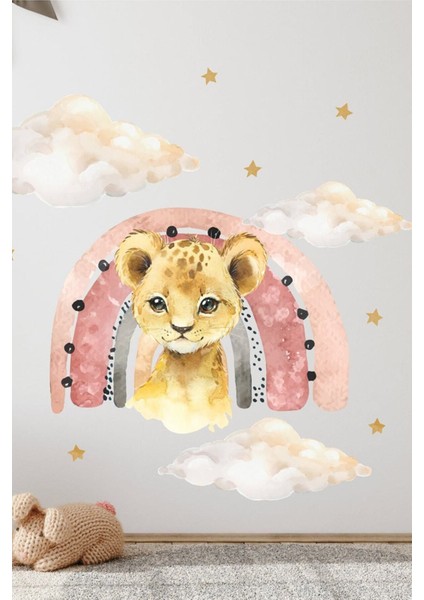Sevimli Minik Aslan Gökkuşağı Bulutlar ve Yıldızlar Pastel Renk Çocuk Odası Duvar Sticker Seti