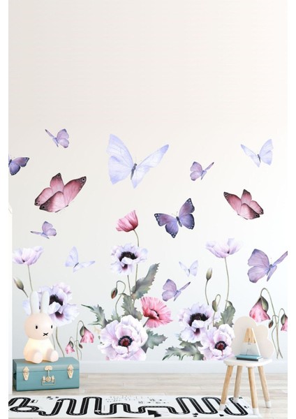 Mor suluboya kelebek duvar sticker seti, hayal gücünü canlandırır, 5+ parça