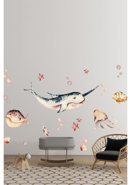 Renkli su altı dünyası balıkları duvar sticker seti, 5+ parça, bej renk, düz desen