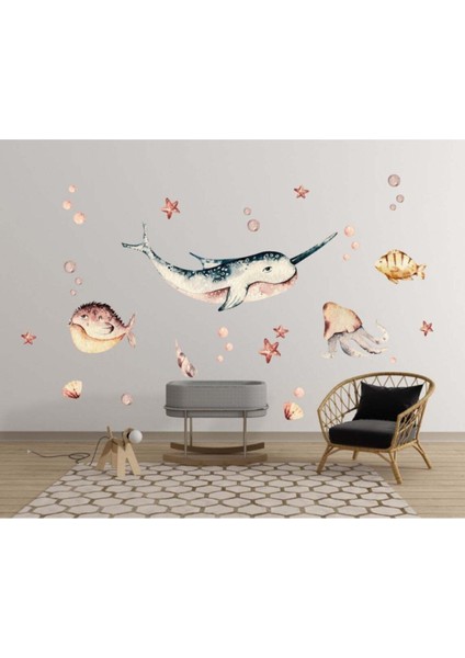 Renkli su altı dünyası balıkları duvar sticker seti, 5+ parça, bej renk, düz desen fiyatları