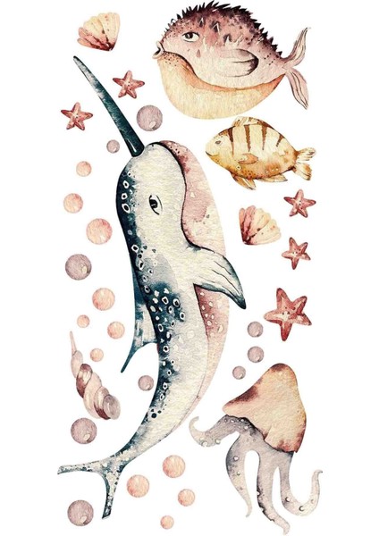 Renkli su altı dünyası balıkları duvar sticker seti, 5+ parça, bej renk, düz desen modelleri