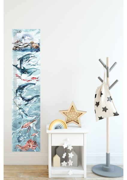 Renkli okyanus balıkları boy ölçer duvar sticker, eğlenceli çocuk odası dekoru