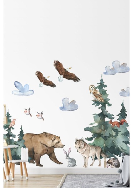 Renkli Tropikal Safari Çocuk Odası Duvar Sticker Seti, Eğlenceli Dekorasyon, 5+ Parça