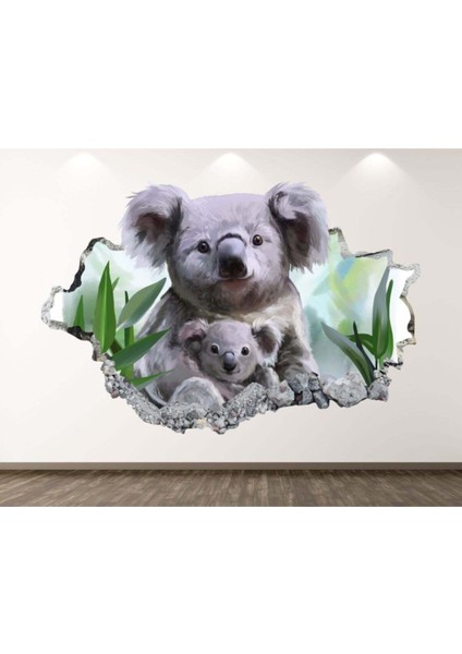 Renkli anne ve yavru koala 3D duvar sticker, sevimli ve dekoratif tasarım