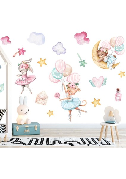 Renkli 5+ Parçalı Çocuk Odası Duvar Sticker Seti, Pembe, Tavşan ve Ayıcık Teması