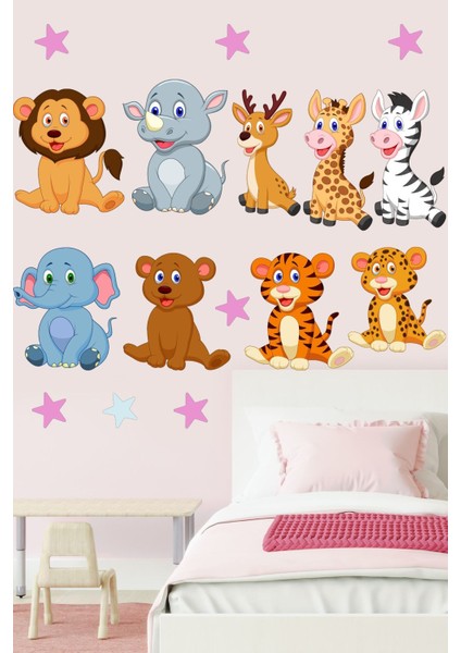 Çocuk Odası Renkli Afrika Hayvanları Duvar Sticker Seti, Eğlenceli Dekorasyon