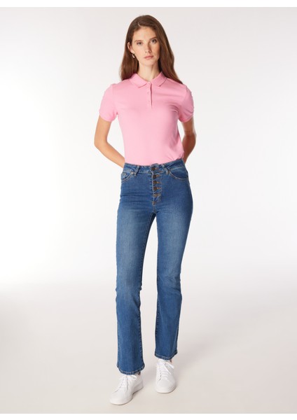 Yüksek Bel Bol Paça Flare Indigo Kadın Denim Pantolon F4WL-PNT0642