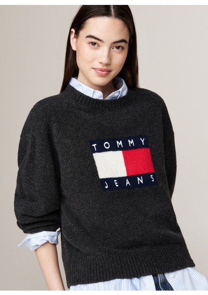 Yuvarlak Yaka Standart Nakışlı Antrasit Kazak Kadın Tjw Melange Flag Sweater Ext