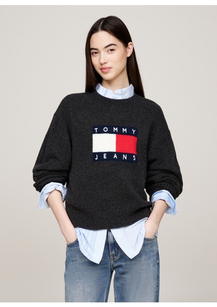 Yuvarlak Yaka Standart Nakışlı Antrasit Kazak Kadın Tjw Melange Flag Sweater Ext