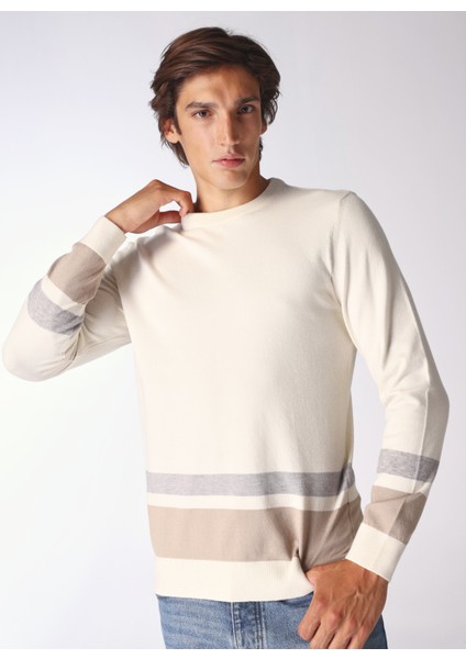 Bisiklet Yaka Basic Çizgili Ekru Erkek Kazak F4WM-KZK 2520