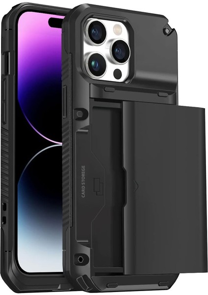 iPhone 14 Pro Max Slide Armor Case Sürgülü Kart Hazneli Koruyucu Kılıf (Siyah)
