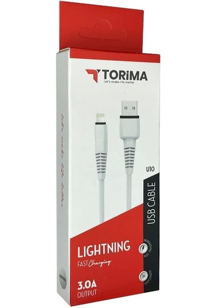 Şarj Kablosu 3.0A Iphone To USB Hızlı Şarj Kablosu Torima U10, Beyaz
