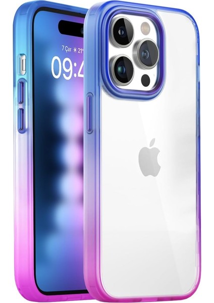 iPhone 15 Pro Max ile Uyumlu Air Bumper Rainbow Kılıf Darbe Önleyici Arkası Şeffaf Gökkuşağı Kapak (Pembe - Mavi)