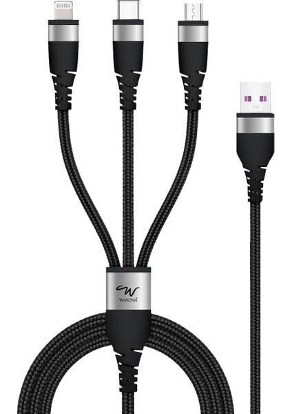 3'ü 1 Arada Naylon Örgülü 66 W USB Hızlı Şarj Kablosu, Tip C, Lightning ve Micro USB Bağlantı Noktalı, Iphone, Ipad, Samsung Galaxy, Oneplus, Mi, Oppo, Vivo, Iqoo, Xiaomi ile Uyumlu, 1 M, Siyah